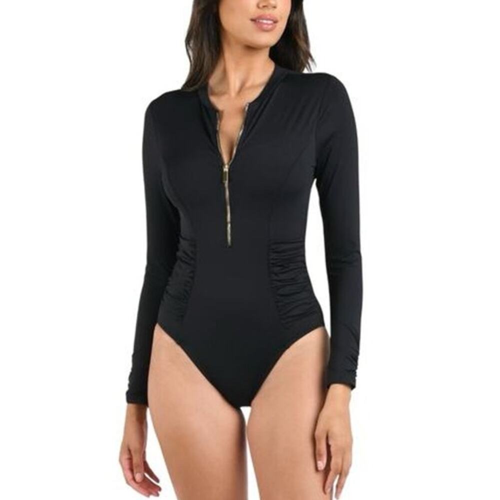 La Blanca Women's Shirred Paddlesuit Zip Front One Piece Swimsuit Black Size S